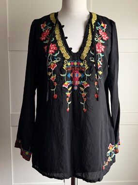 Johnny Was black boho top with vibrant multicoloured embroidery